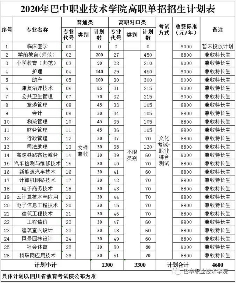 巴中職業(yè)技術(shù)學院單招計劃